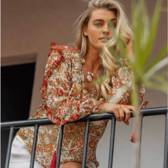 Miss June PARIS Helena boho peasant sheer floral tassel tie blouse OSFM - Picture 6 of 15